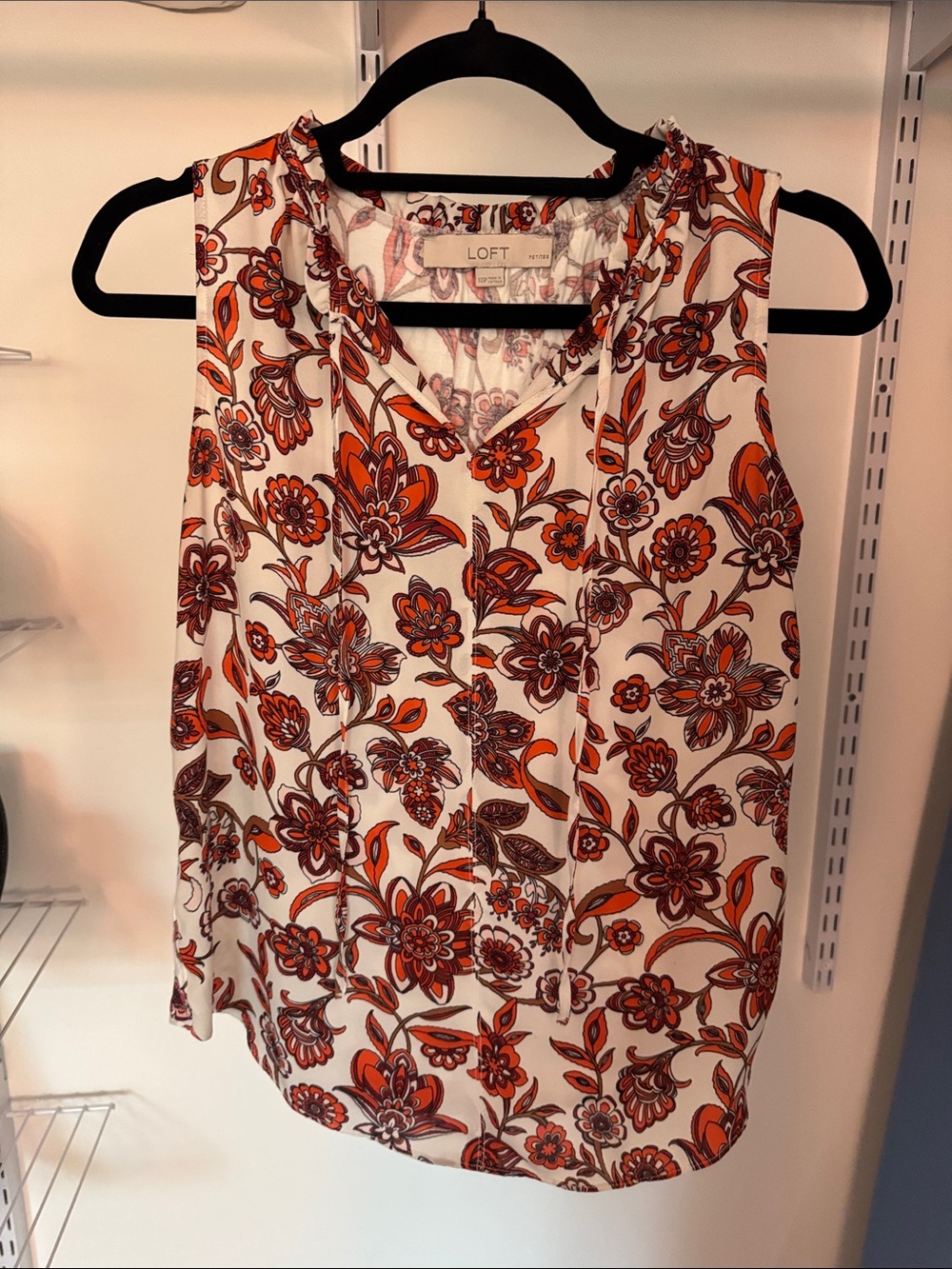 LOFT White Floral Tie-Neck Sleeveless Camisole with Orange & Brown Print